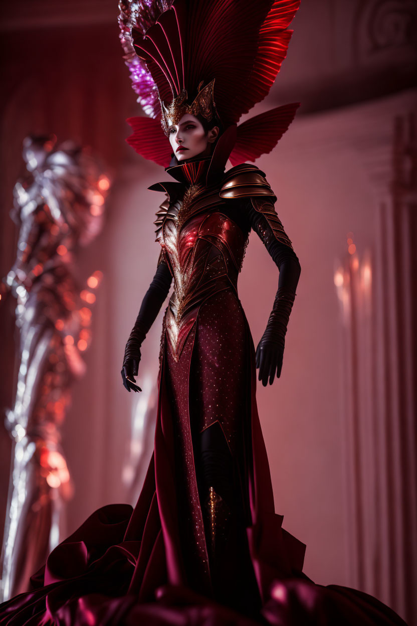 Elaborate red and black costume with wing-like adornments in dimly lit ornate room