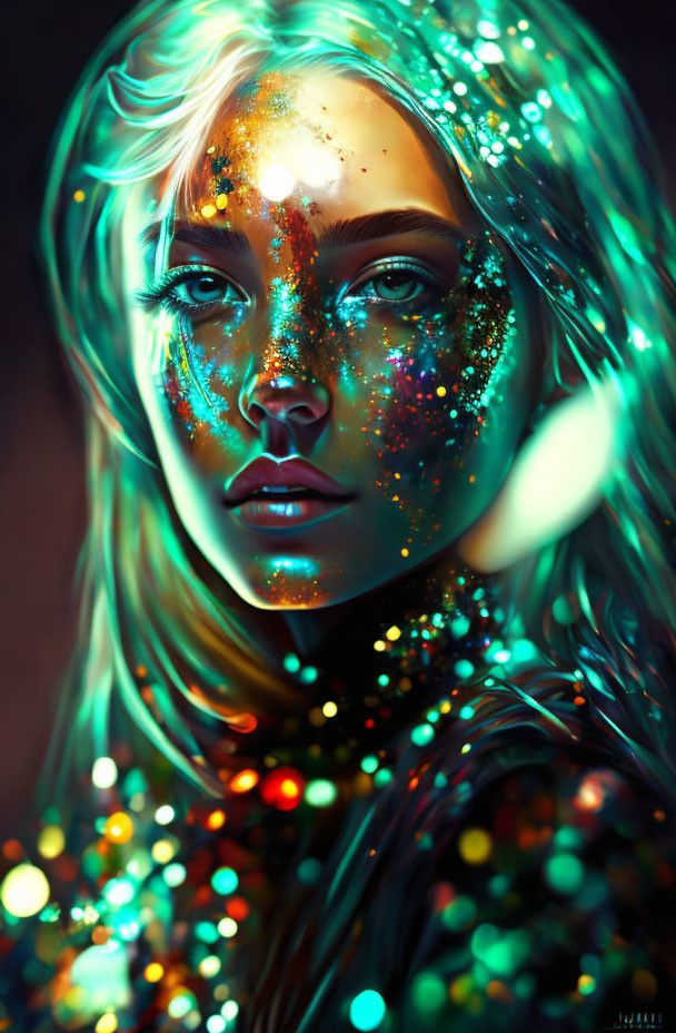 Shimmering celestial makeup on woman's digital portrait