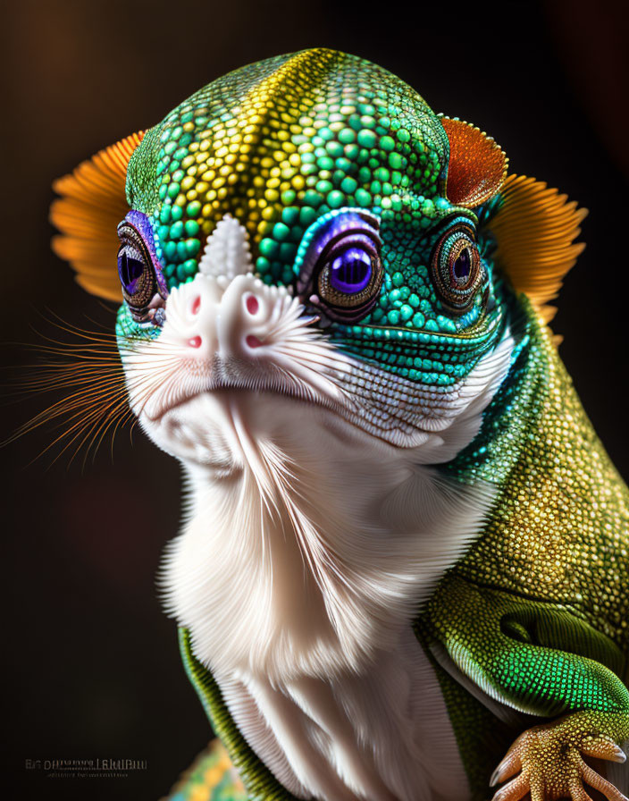 Vibrant lizard-human hybrid with colorful scales and purple eyes