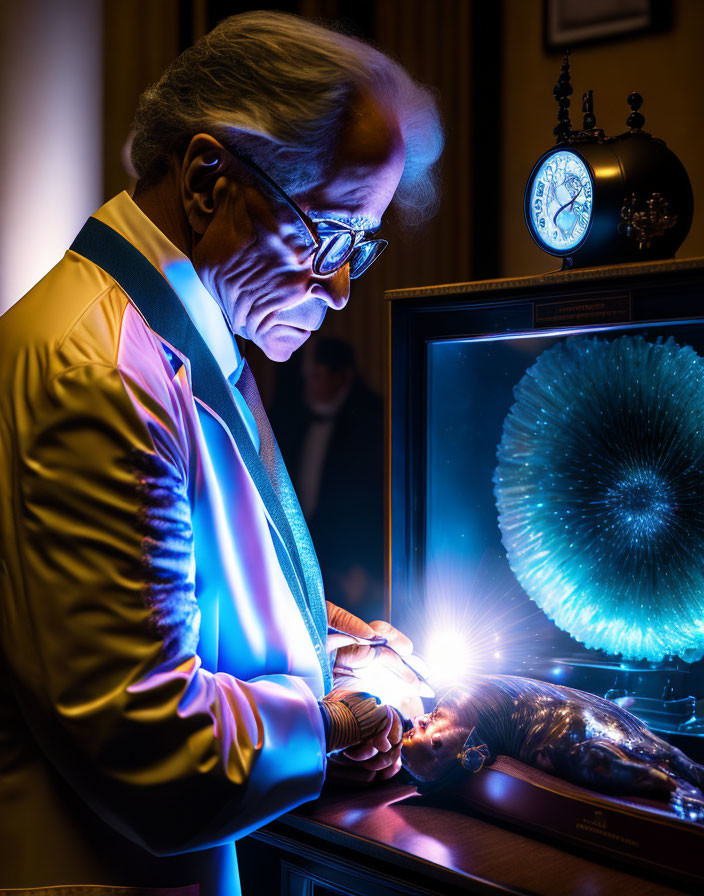 Man in glasses studies glowing artifact in dim room with vintage clock