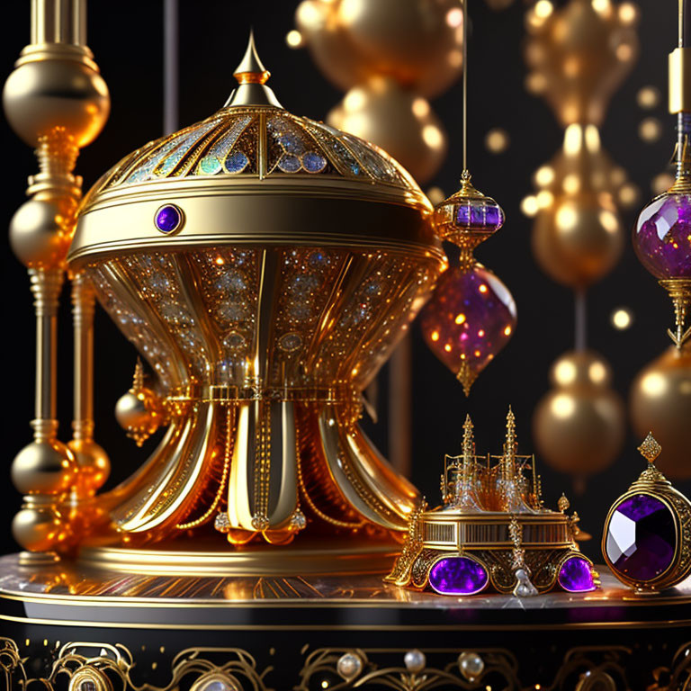 Intricate Golden Fantasy Object with Sparkling Gems on Dark Background