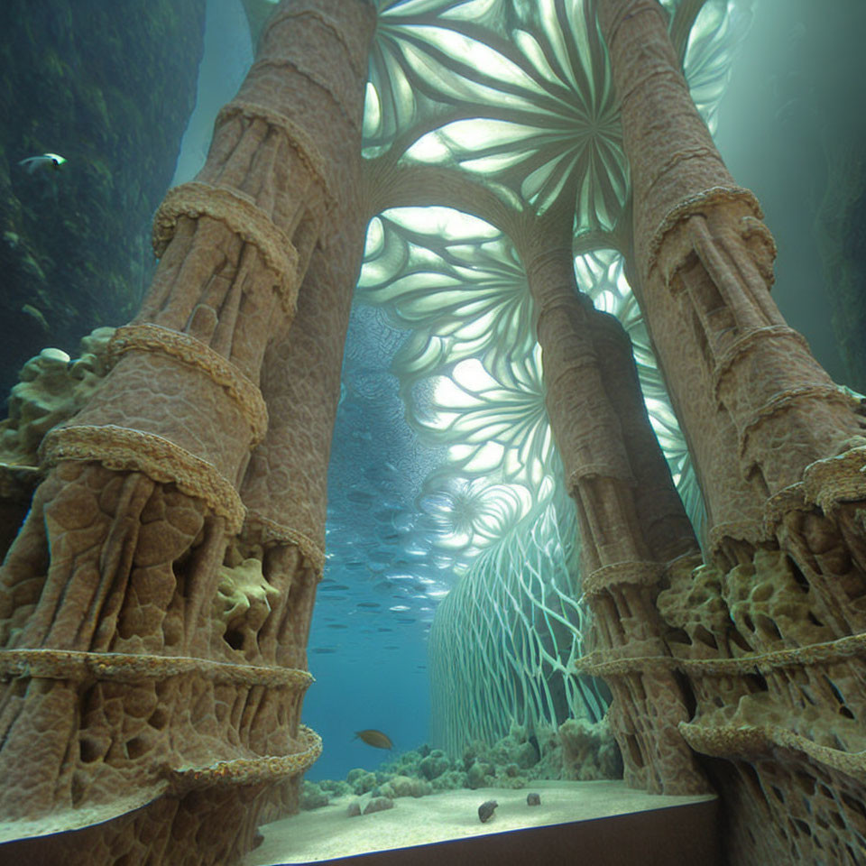 Surreal organic architectural structures in underwater setting