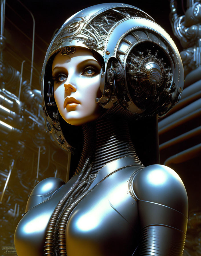 Detailed metallic helmet and suit on female android amidst intricate machinery