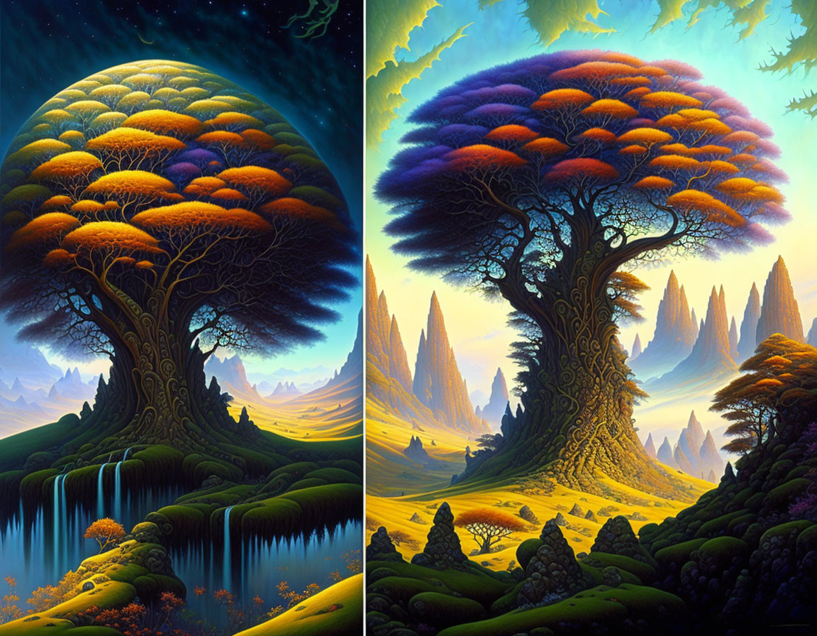 Vibrant paintings of fantastical trees and landscapes under starry skies