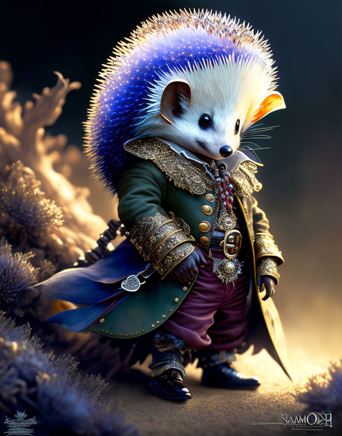 Illustration of a Renaissance-style dressed hedgehog with cape and sword