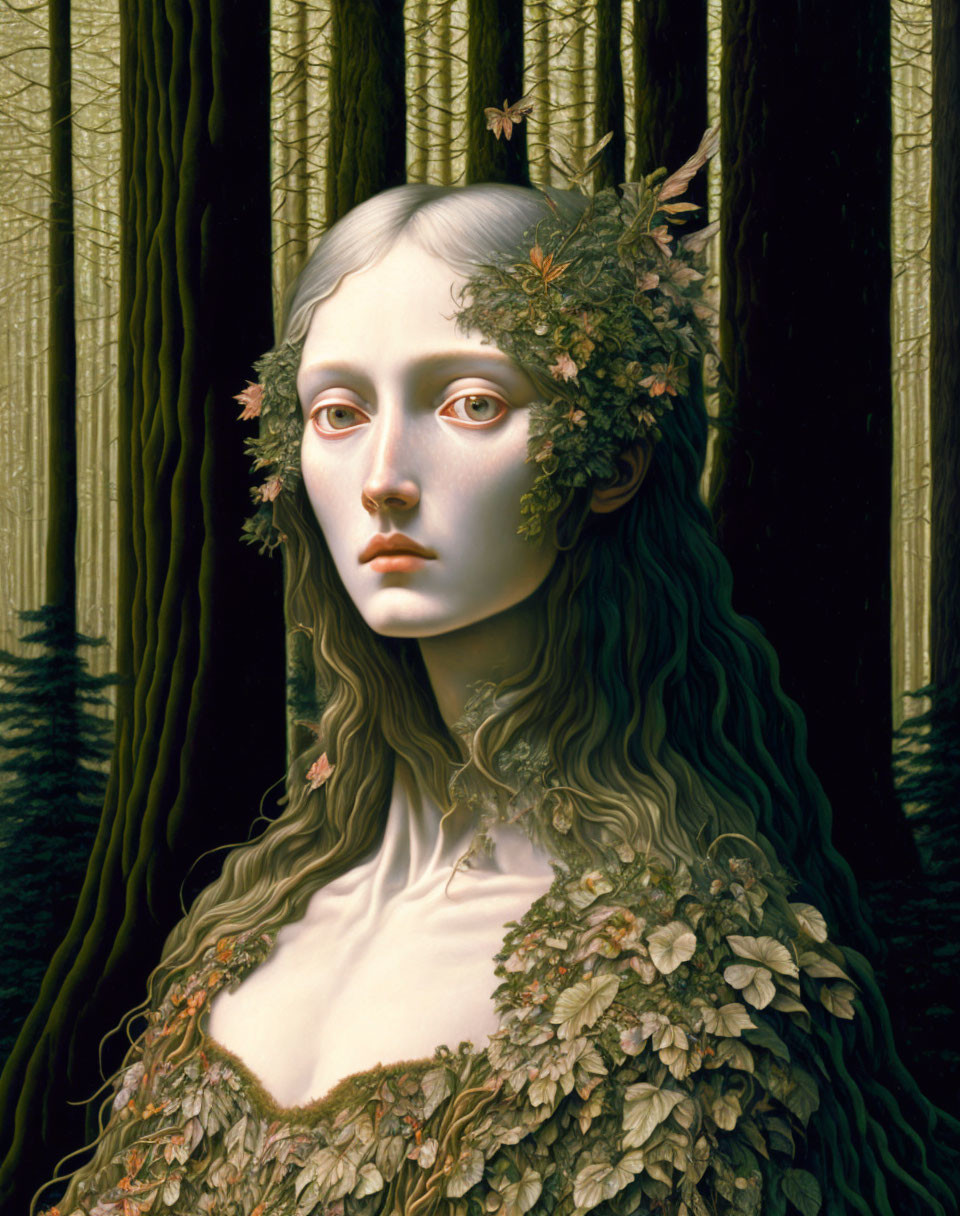 Surreal portrait of woman with foliage hair in dark forest