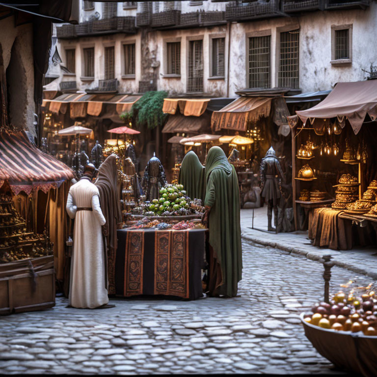 Medieval-themed market street at dusk with cloaked figures browsing stalls adorned with lights and textiles.