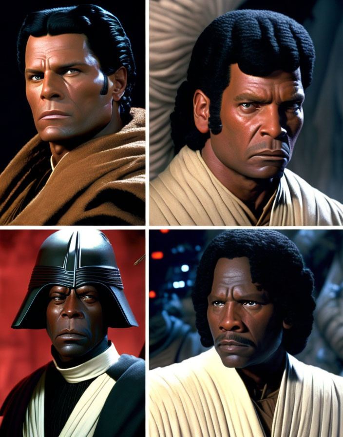 Four Star Wars-inspired action figures with unique hairstyles and expressions in a collage.