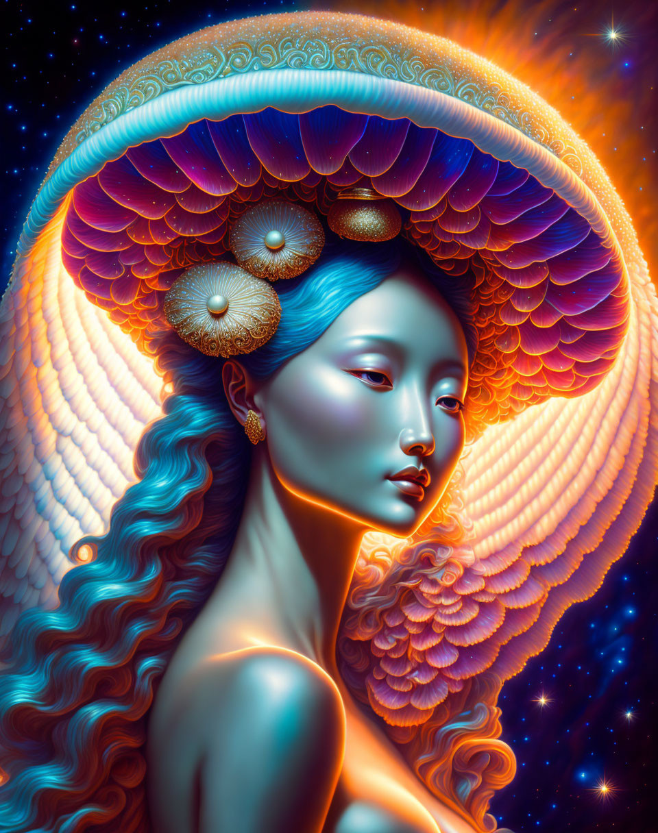 Blue-skinned woman with peacock-like headwear in starry setting