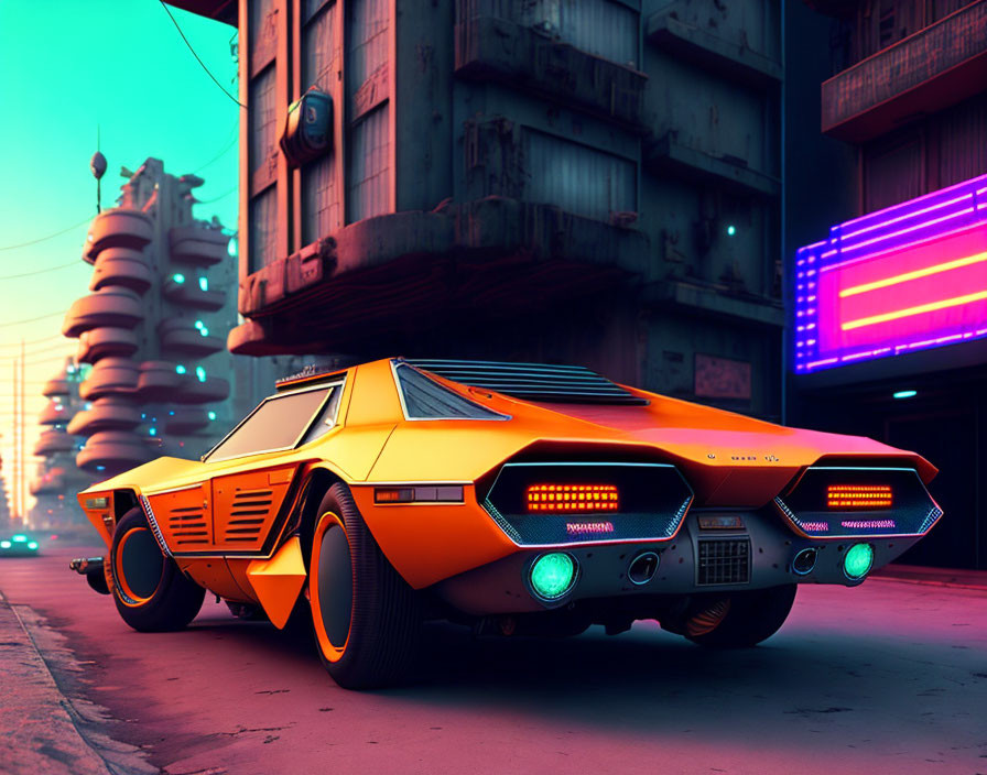 Sleek Orange Futuristic Car in Cyberpunk Cityscape