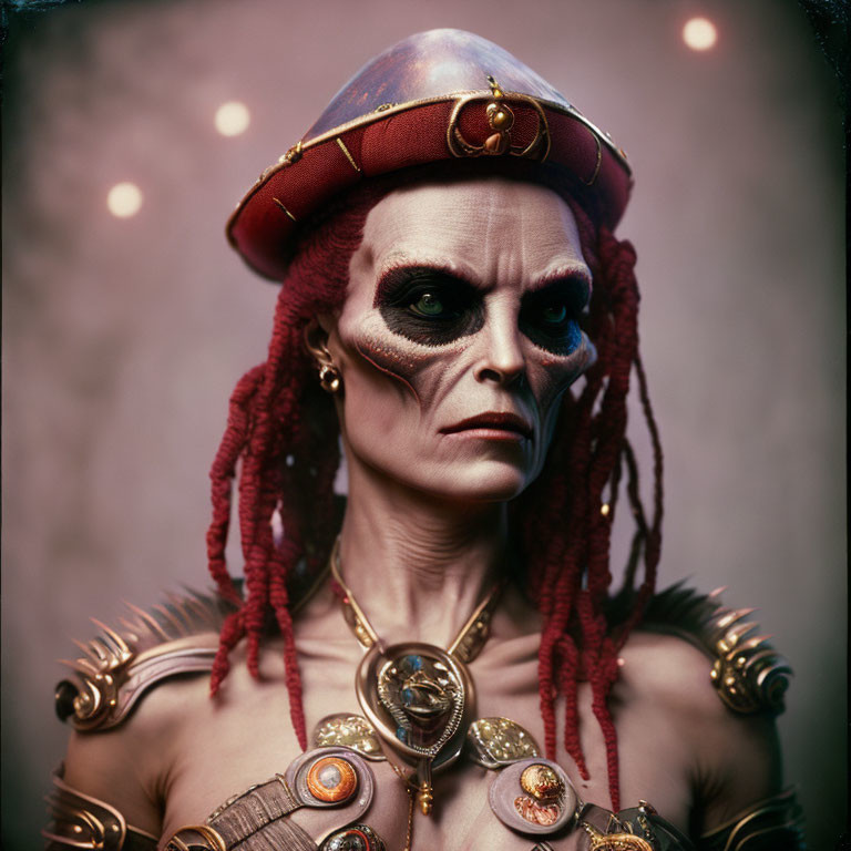 Person with skull-like face makeup, red braids, red hat, golden shoulder pads, and large