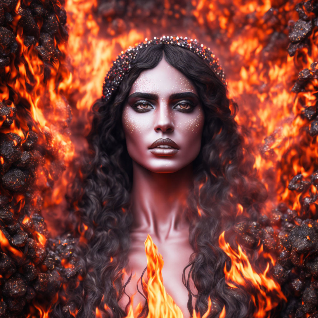 Portrait of woman with fiery-themed makeup in mystical setting