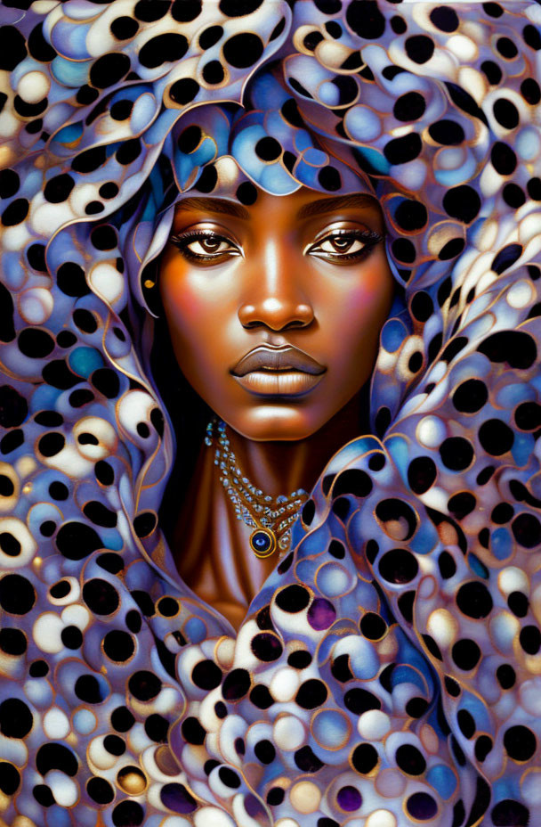 Colorful digital artwork of a woman in patterned garment.