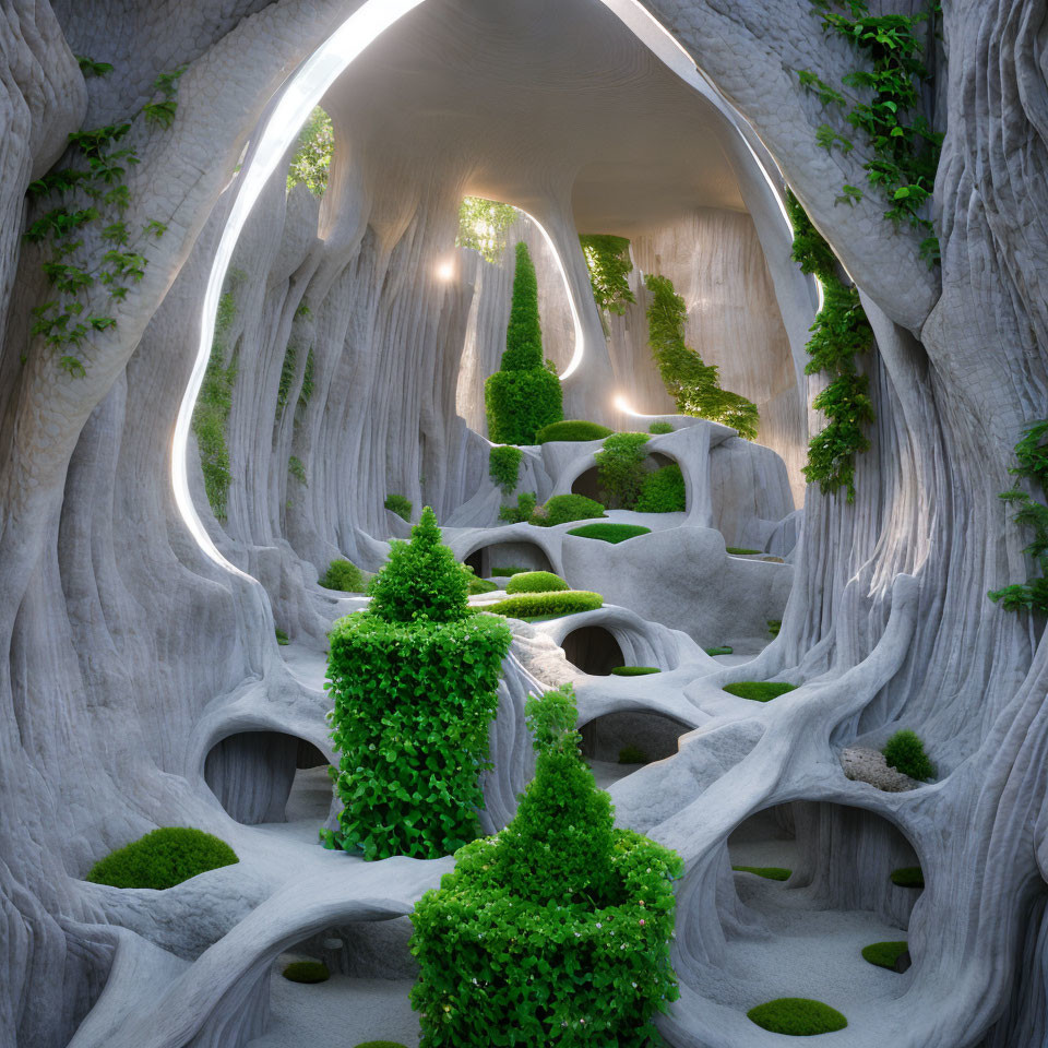 Sunlit mystical forest cave with lush greenery, ivy-covered walls, and terraces of moss