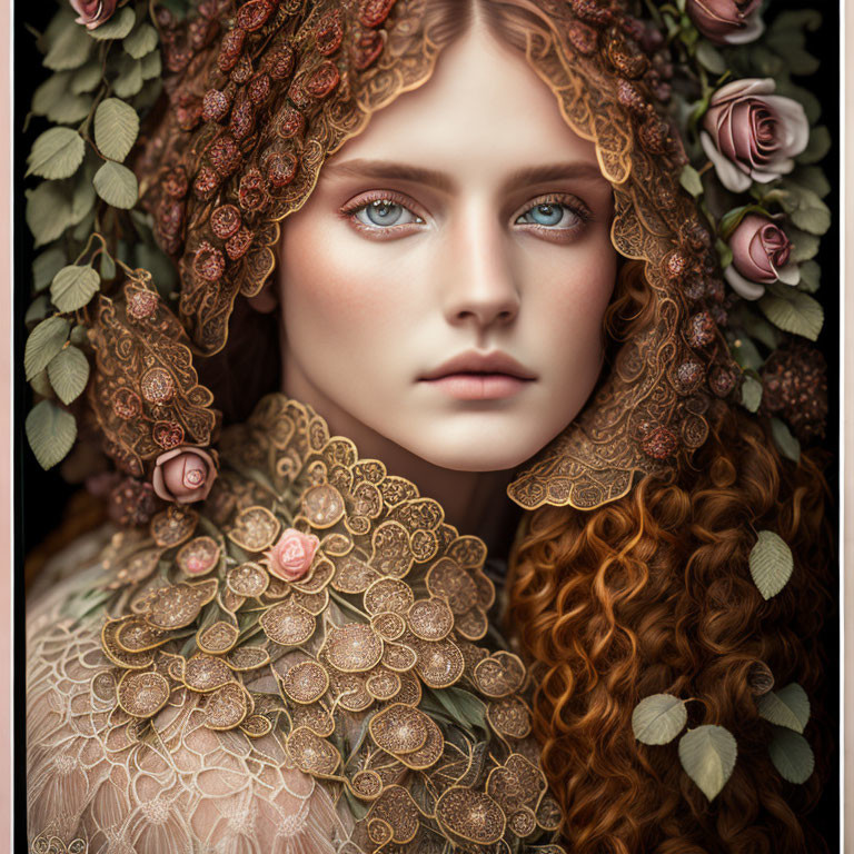 Portrait of woman with floral headwear, lace collar, and red curly hair.