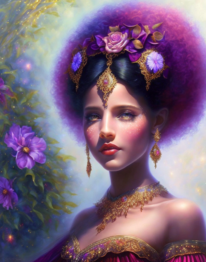 Vibrant purple hair woman with ornate headpiece and gold jewelry surrounded by flowers