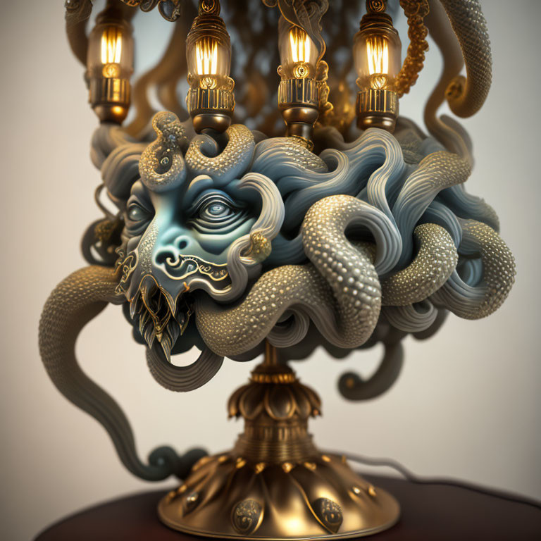 Baroque Design Chandelier with Tentacles, Faces, and Waves in Blue and Gold