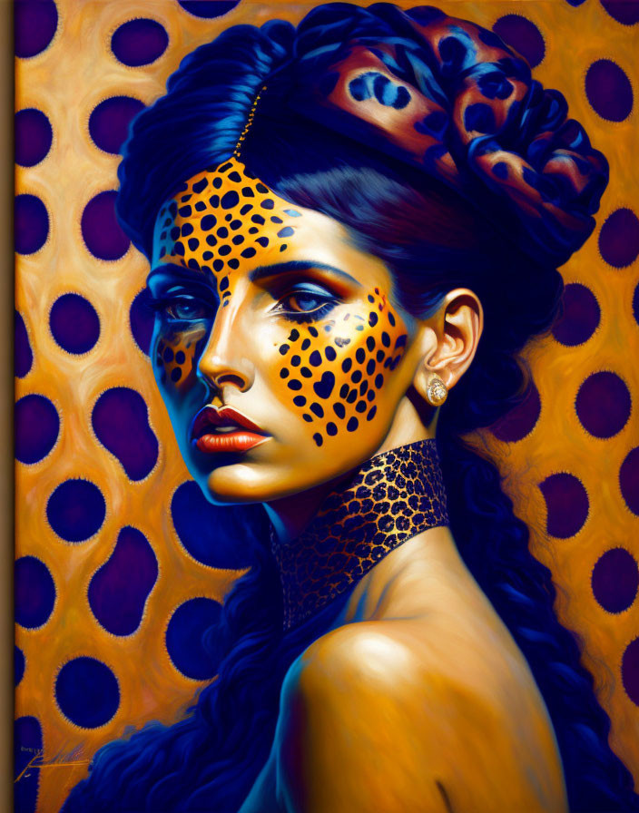 Portrait of woman with bold gaze, leopard print makeup, gold skin, dark hair on vibrant orange background