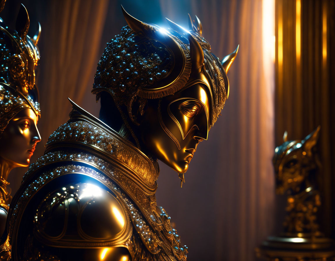 Golden Armor with Intricate Helmet Design in Dramatic Lighting