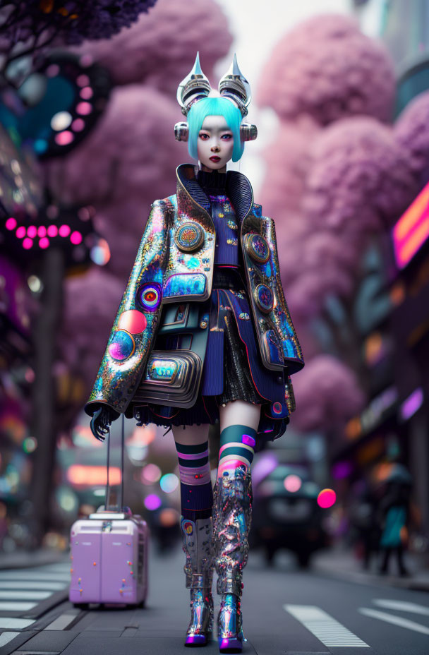 Elaborately dressed female android on futuristic street