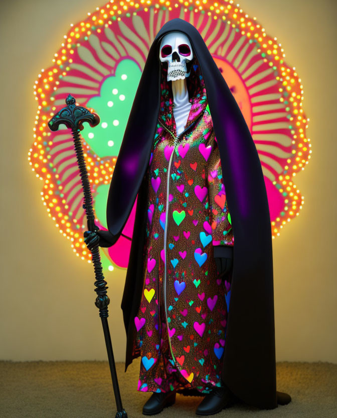 Colorful figure with skull mask, heart robe, and staff in vibrant backdrop