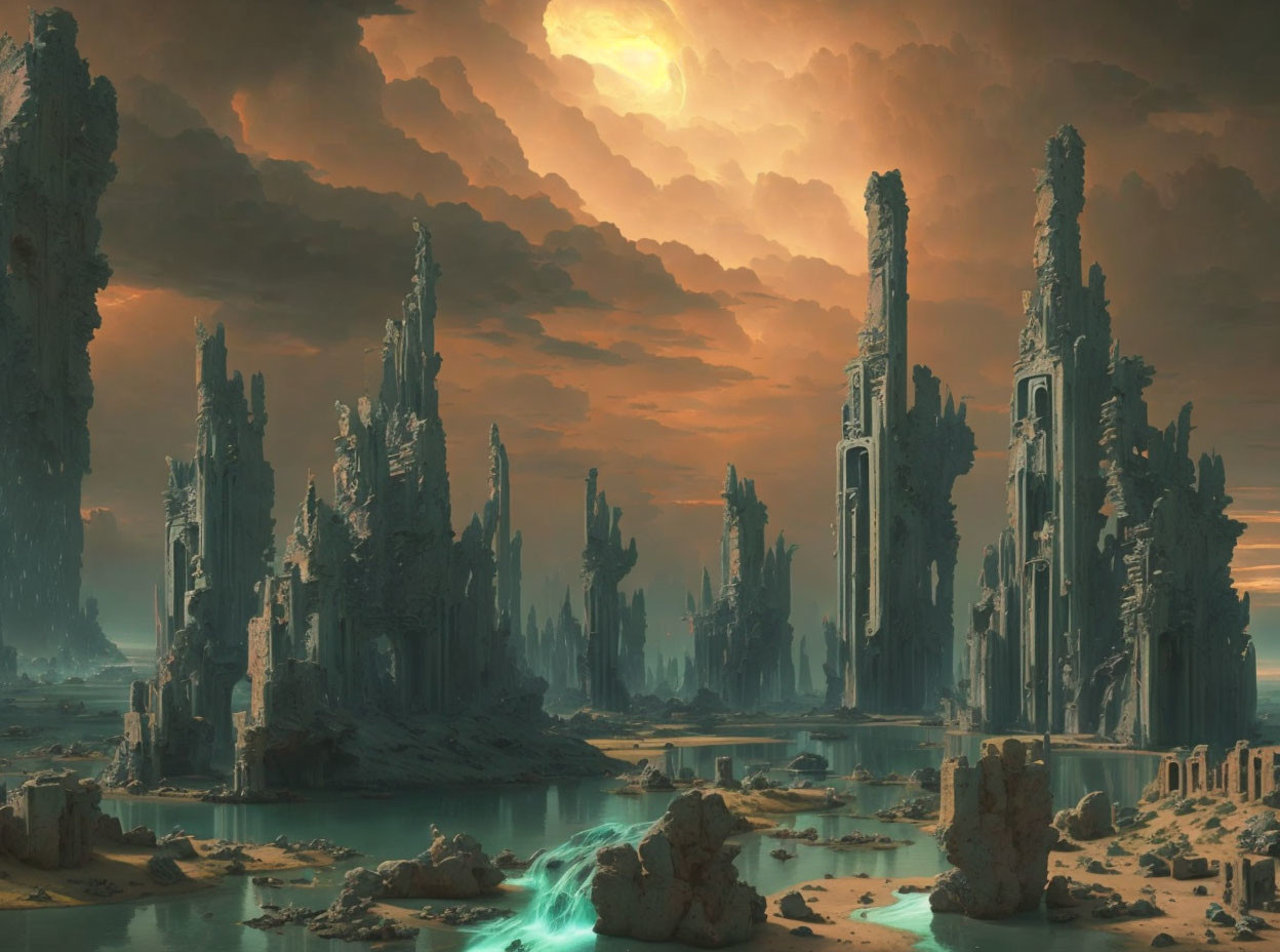 Fantastical landscape with towering spires and serene pools.