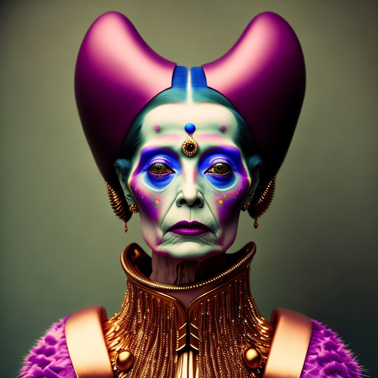 Colorful surreal portrait with exaggerated makeup and purple headpiece.