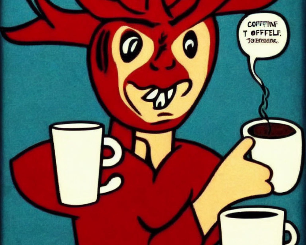 Stylized red character with moose antlers holding a mug and humorous speech bubble