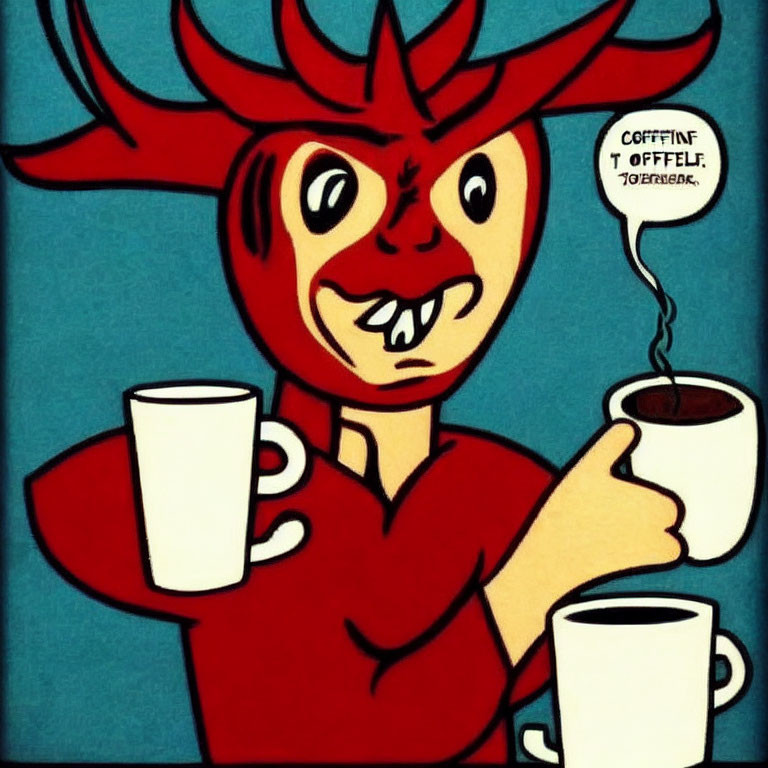 Stylized red character with moose antlers holding a mug and humorous speech bubble