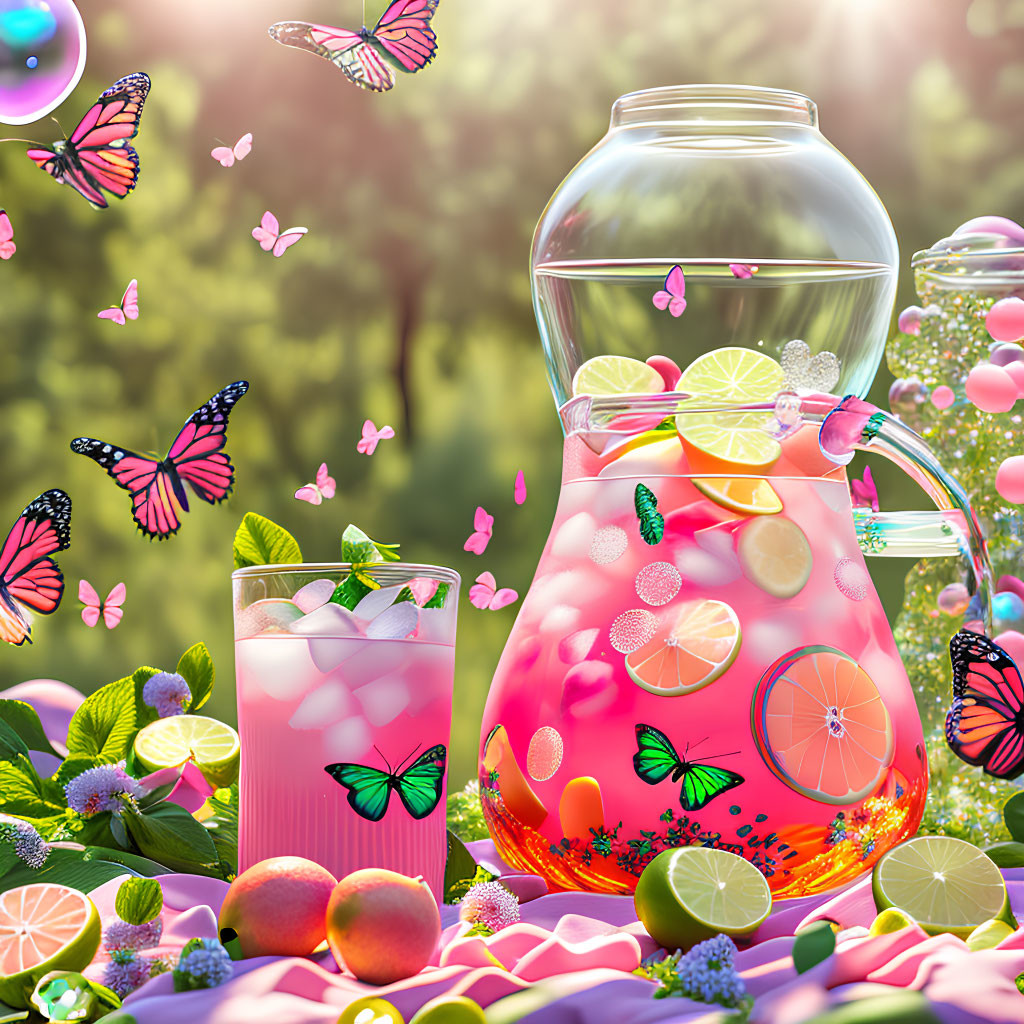 Colorful pitcher and glass of pink lemonade in a vibrant garden scene