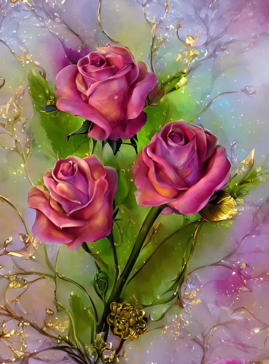 Three purple roses on shimmering pastel background with golden highlights.