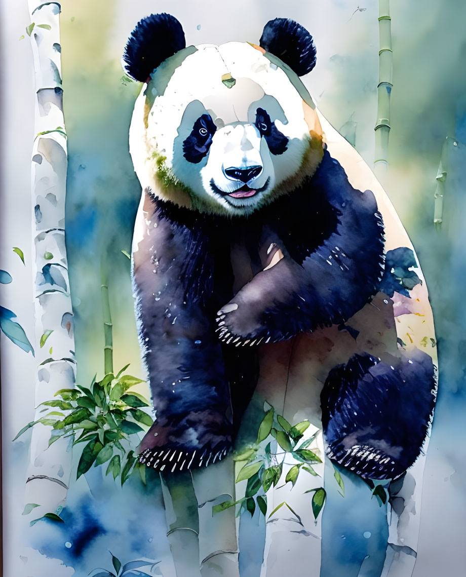 Watercolor illustration of a panda hugging bamboo in lush foliage