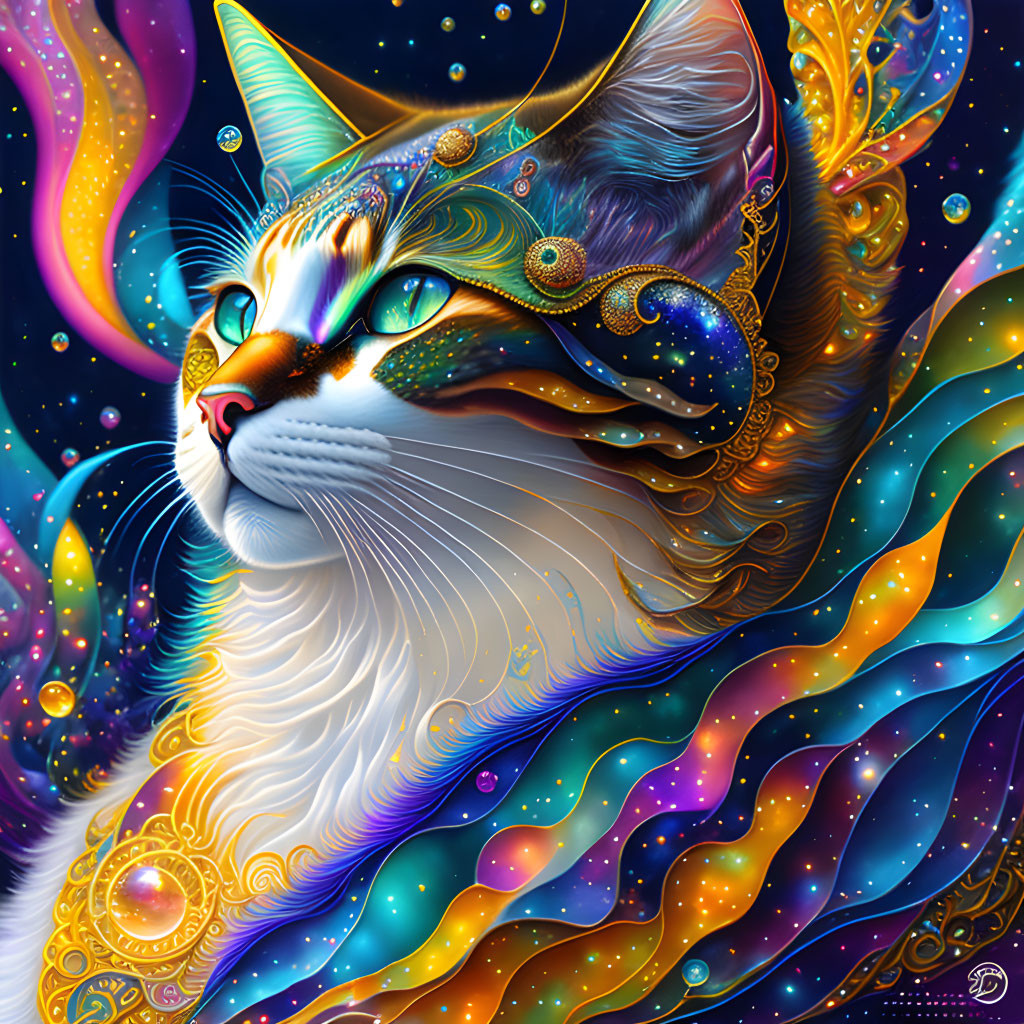 Majestic cat illustration with gold details on cosmic background