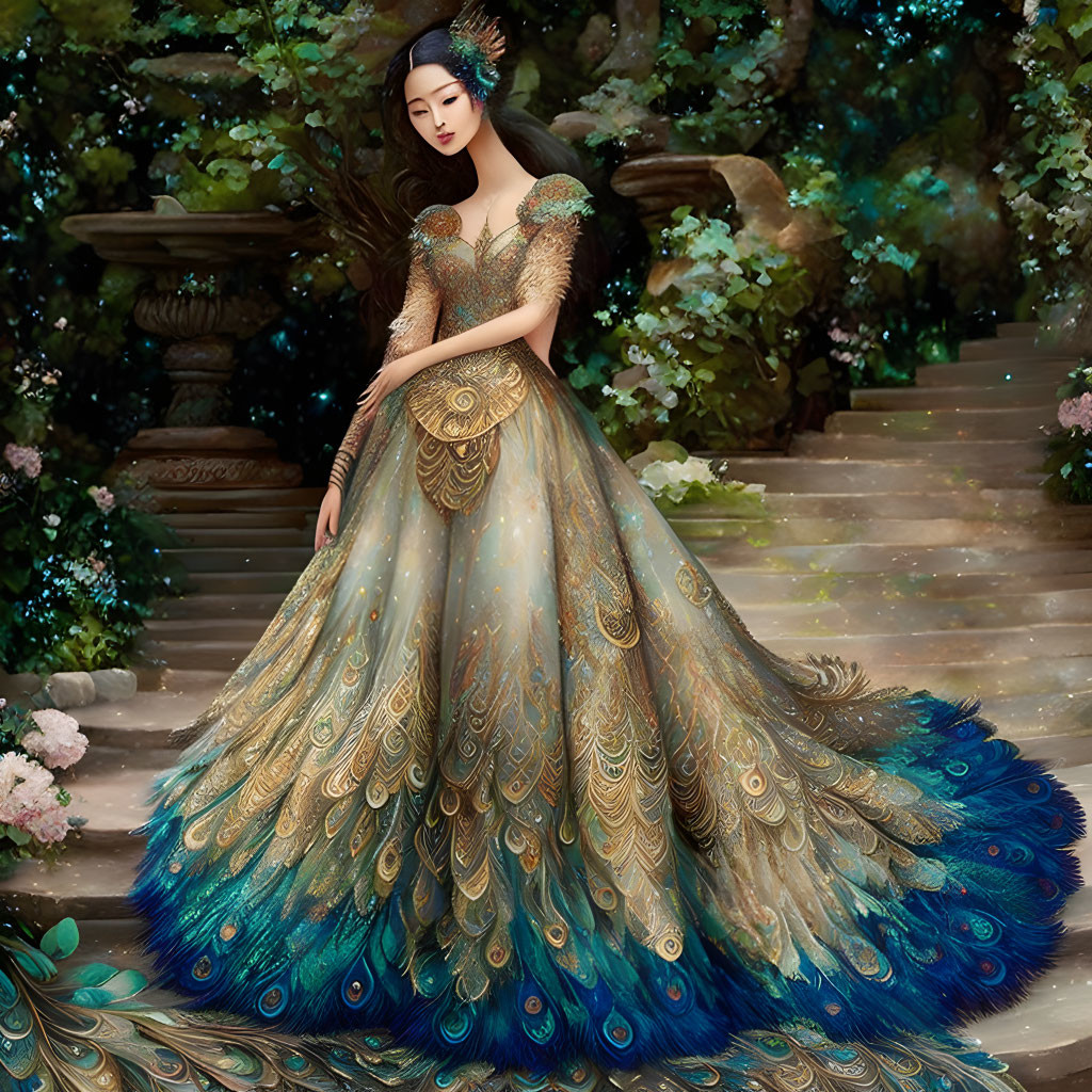 Elaborate peacock-themed gown blending with wooded surroundings