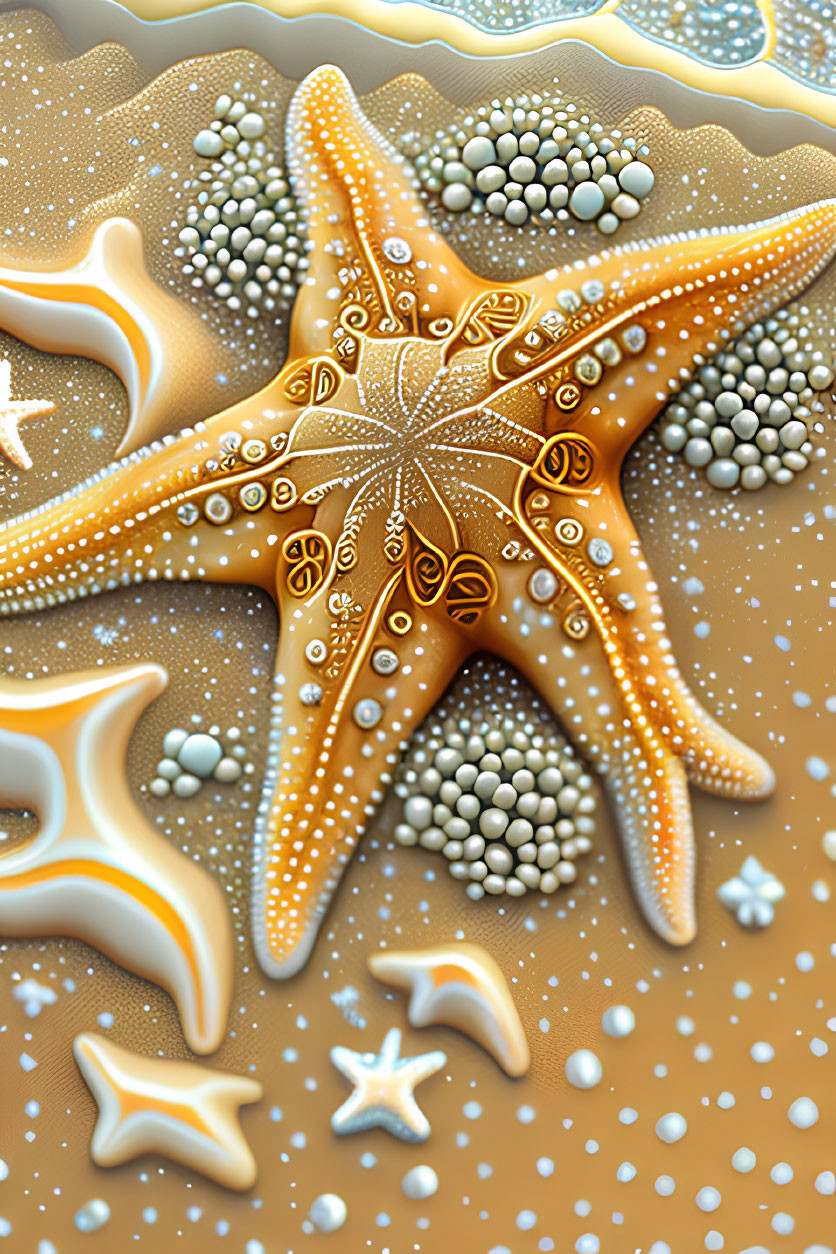 Detailed Starfish Illustration on Sandy Background with Pebble-Like Textures