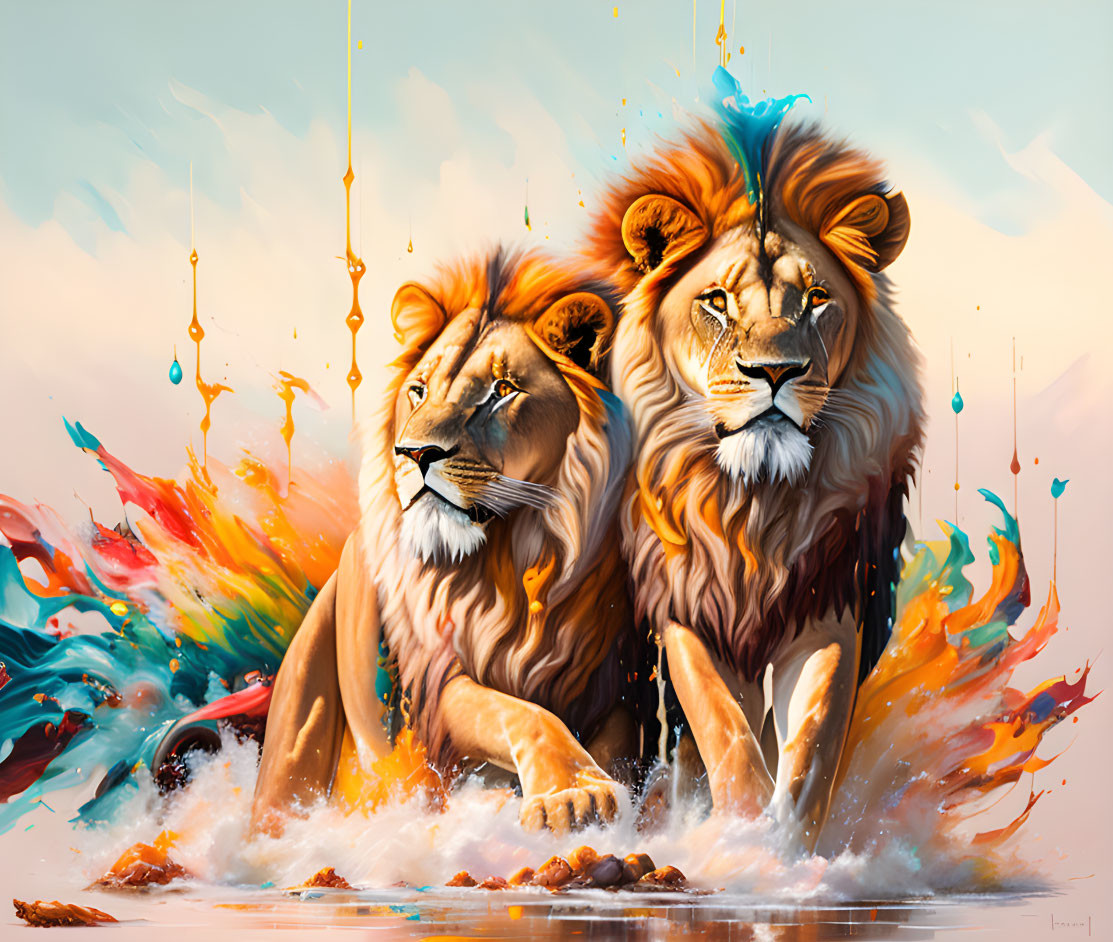 Majestic lions against colorful abstract splash background