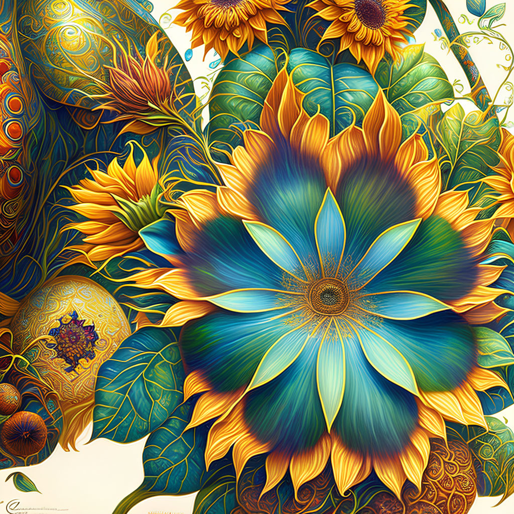 Detailed illustration of stylized sunflowers and peacock feathers in rich blues, greens, and golds