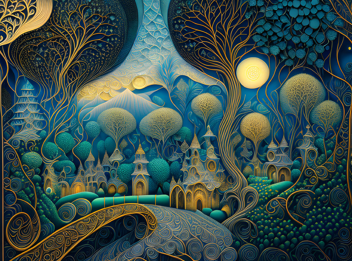 Detailed whimsical illustration of stylized trees, hills, and ornate buildings in blues, golds