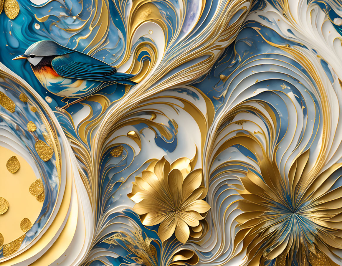 Colorful digital artwork: Bird on gold and blue swirls with golden flowers