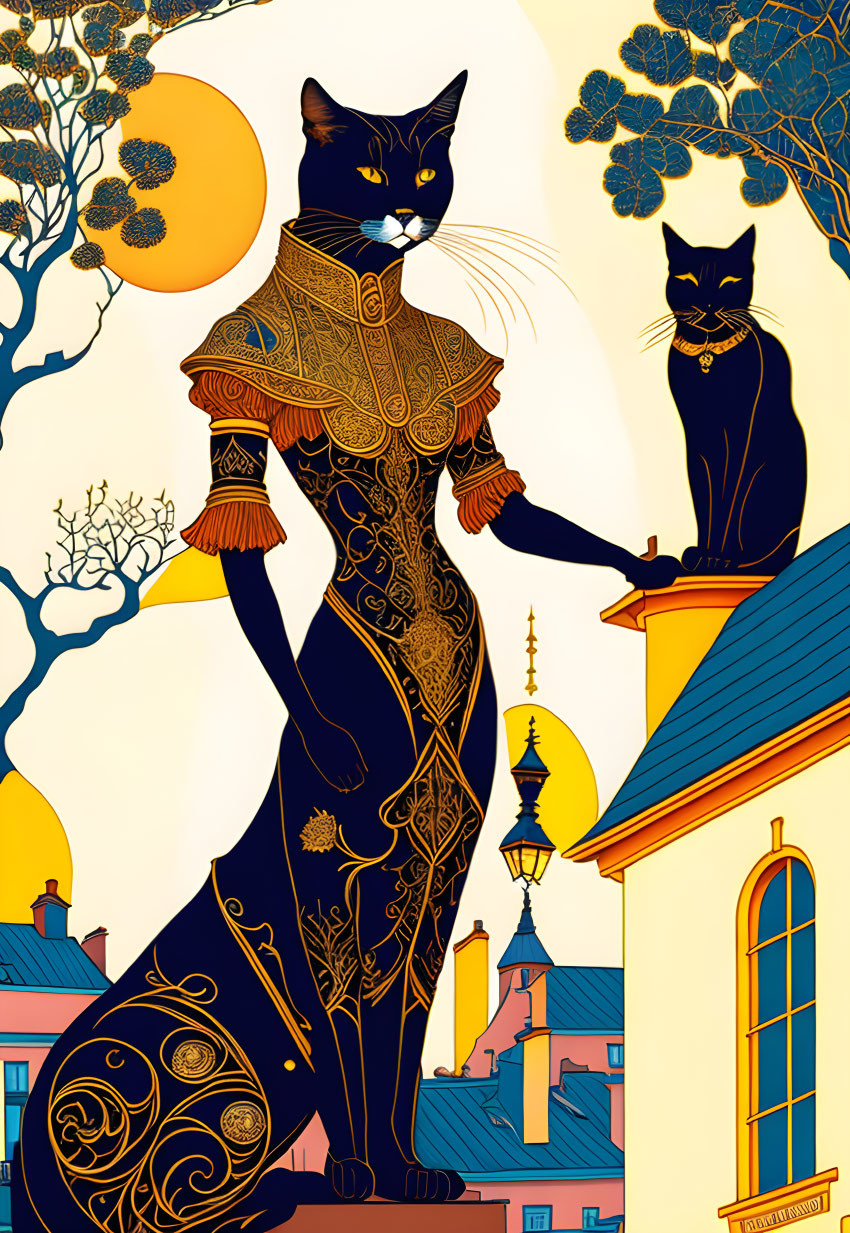 Illustration of two elegant anthropomorphic cats in ornate costumes on rooftop at sunset