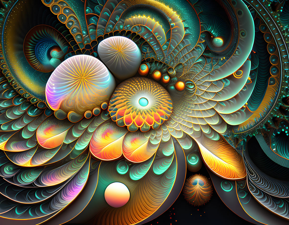 Colorful Abstract Fractal Art: Spirals, Orbs, and Patterns in Alien Peacock Tail