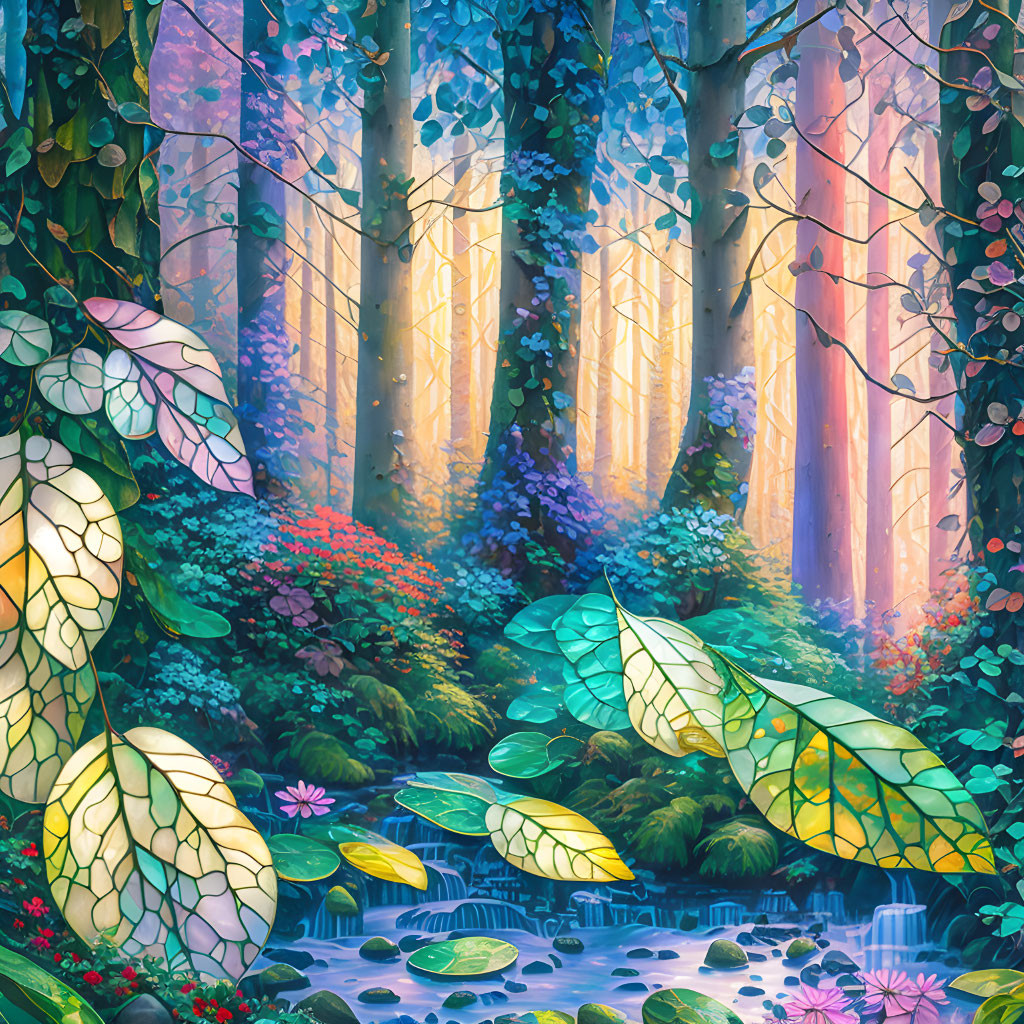 Lush forest landscape with sunlight, flowers, and stream