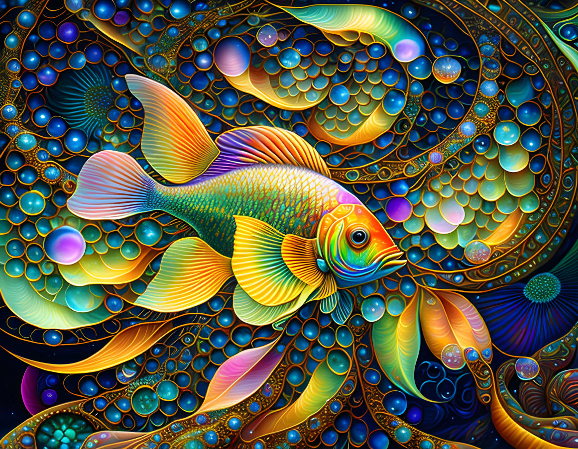 Colorful Psychedelic Fish Illustration with Bubble Background