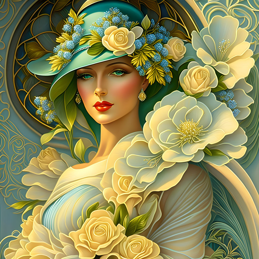 Illustrated Woman in Art Nouveau Style with Floral Hat and Dress in Pastel Colors