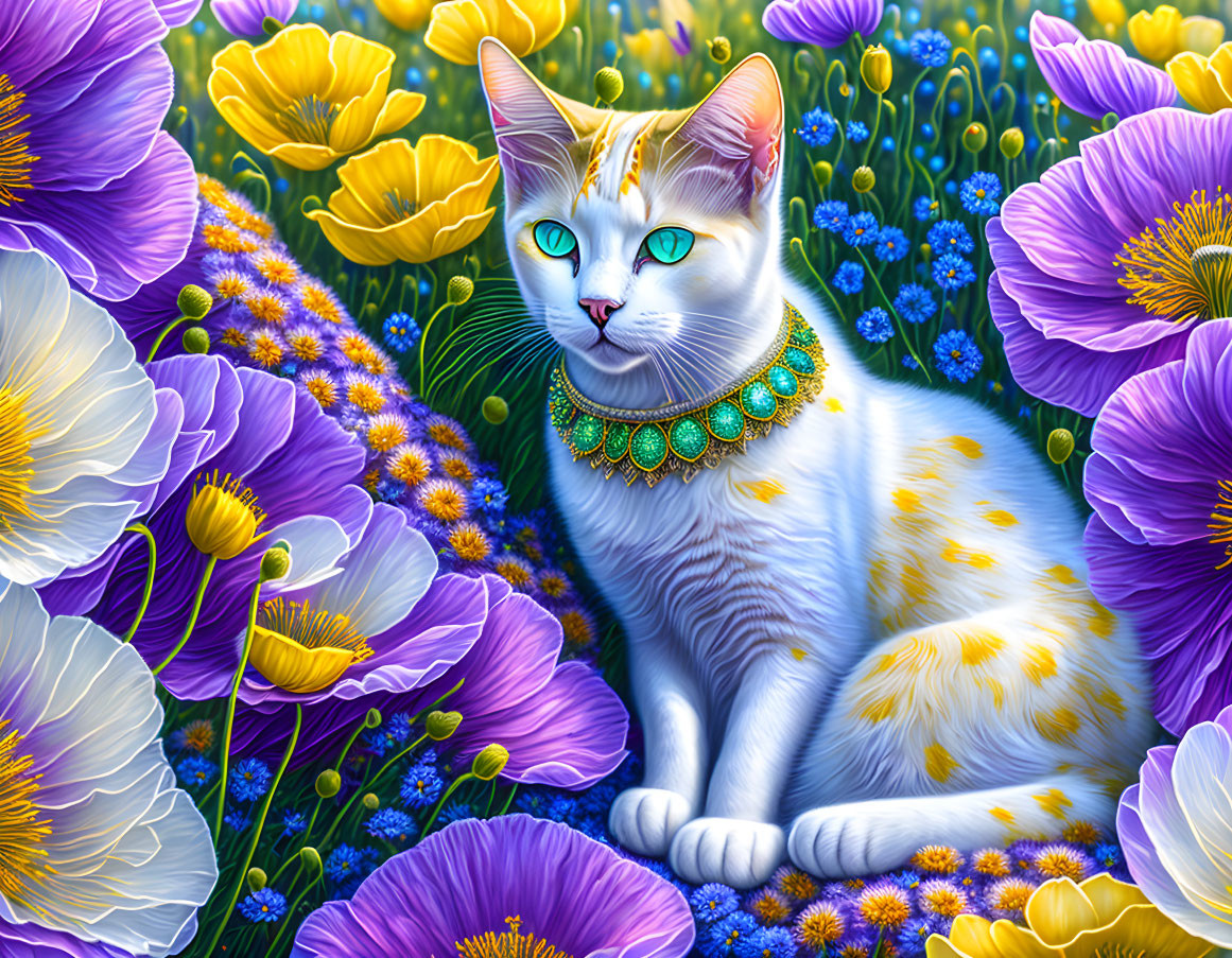 Colorful illustration of white cat with blue eyes and yellow spots in jeweled collar amid purple and yellow