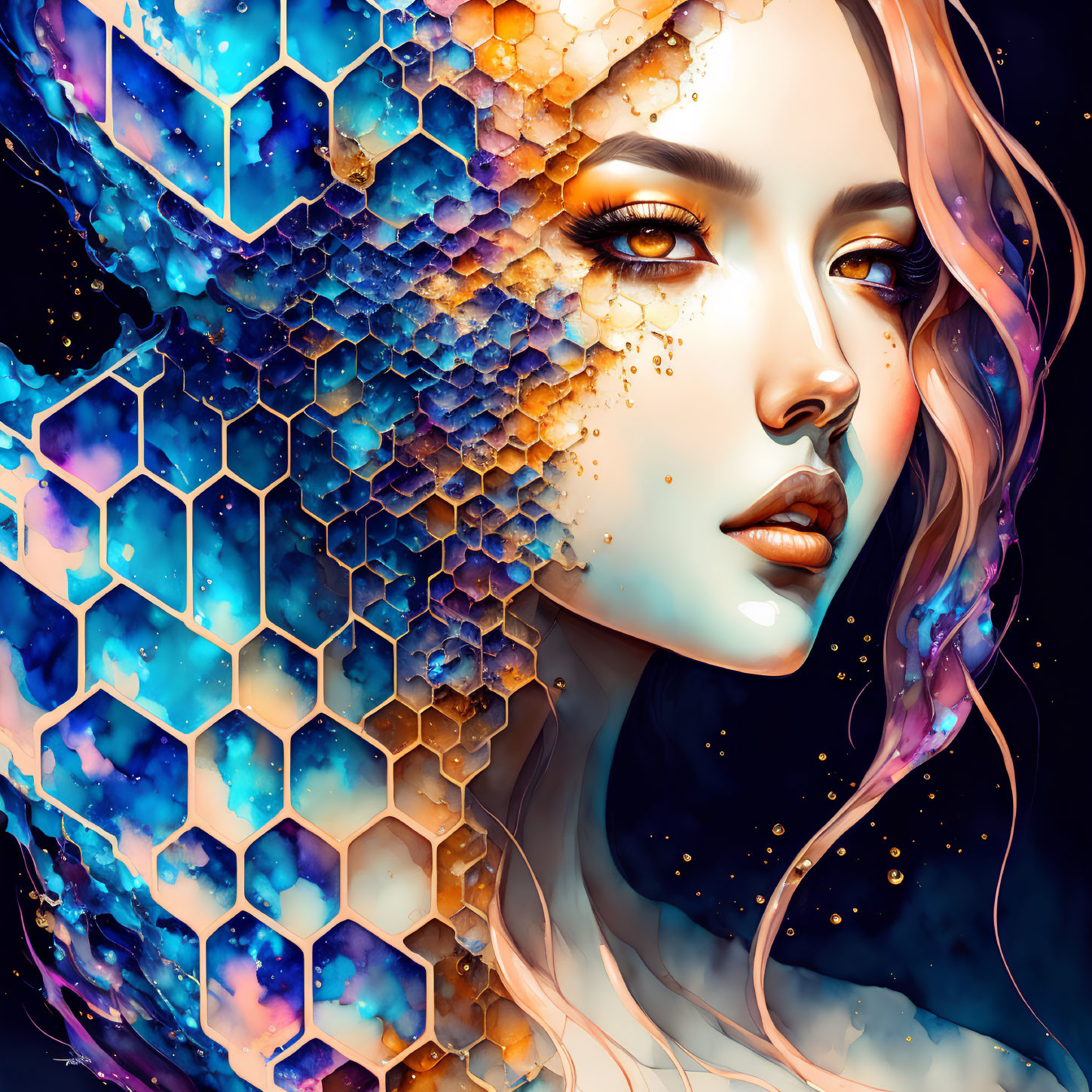 Colorful digital artwork: Woman's face with honeycomb patterns in cosmic background