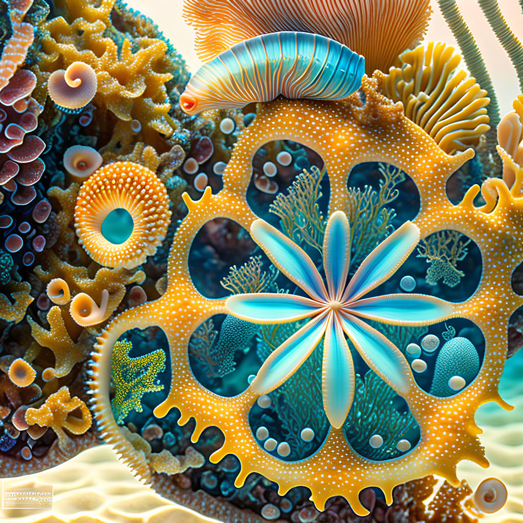 Colorful fractal image with intricate coral-like pattern and central flower shape