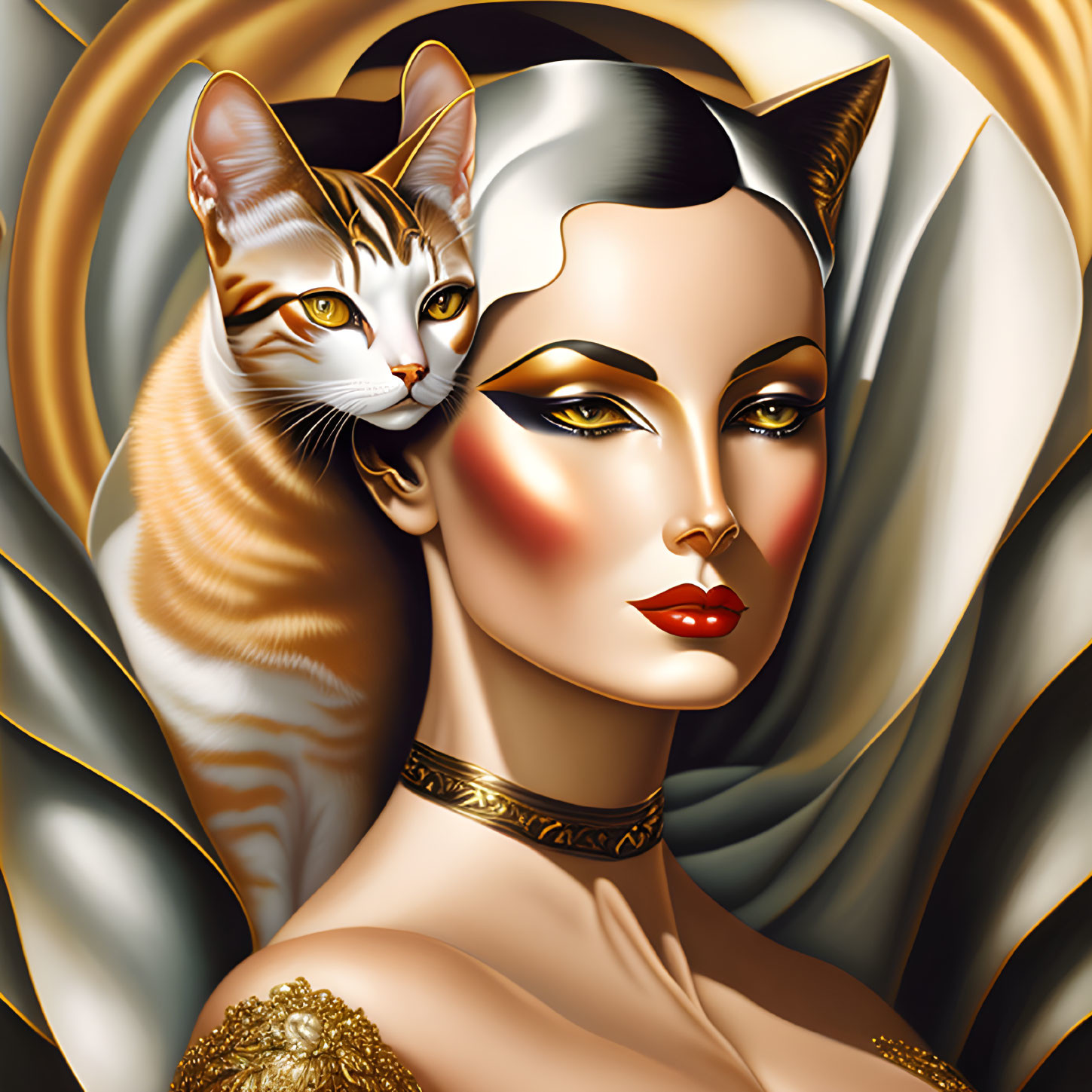 Illustration of woman's face merged with cat features on golden backdrop