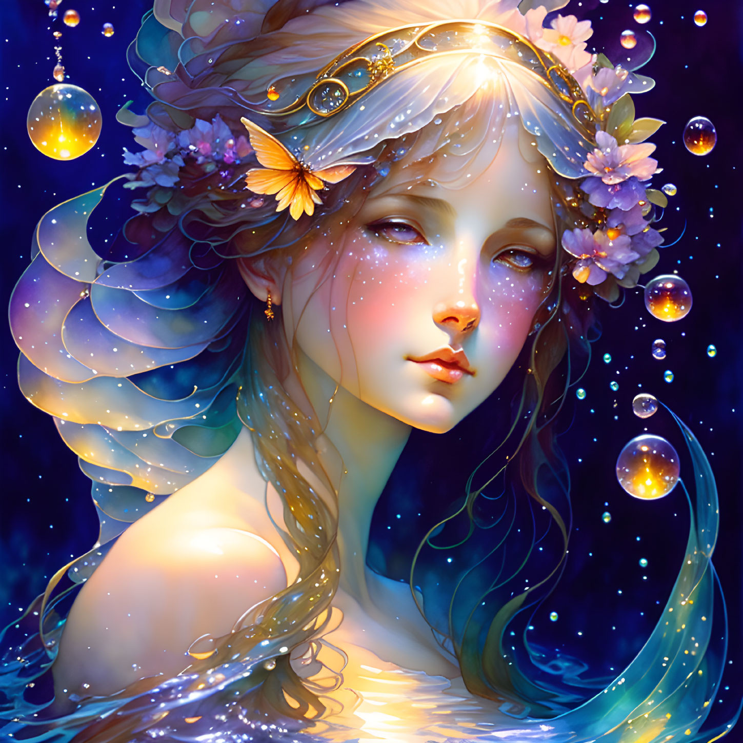 Ethereal female figure with luminescent hair and glowing orbs on starry backdrop