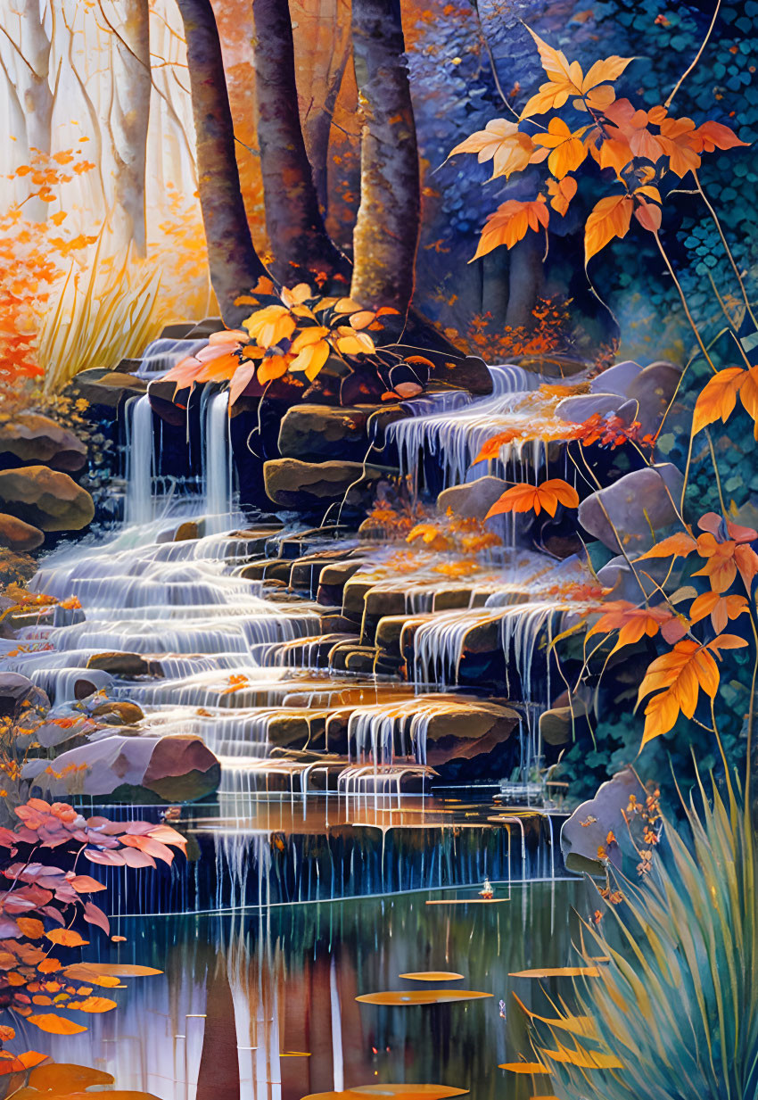 Tranquil woodland scene: Serene waterfall, mossy rocks, autumn foliage, reflective pond